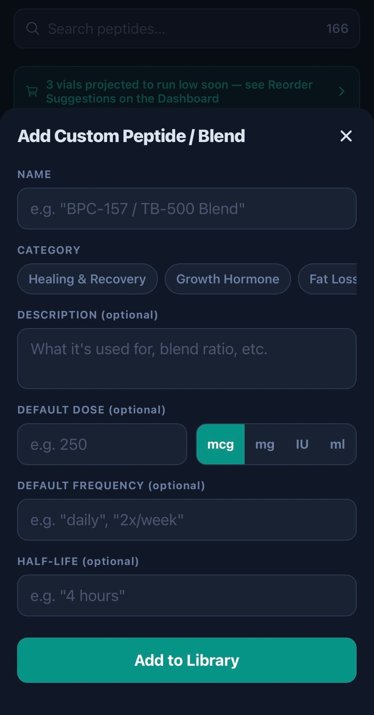 PeptideCRM add custom peptide or blend form with category, description, default dose, frequency, and half-life