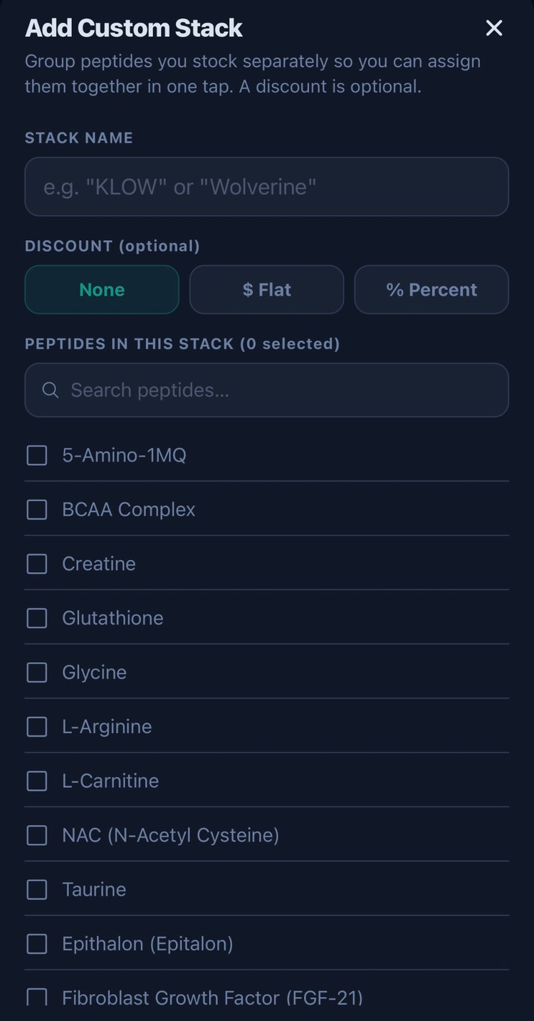 PeptideCRM add custom stack form with stack name, discount type, and peptide checklist