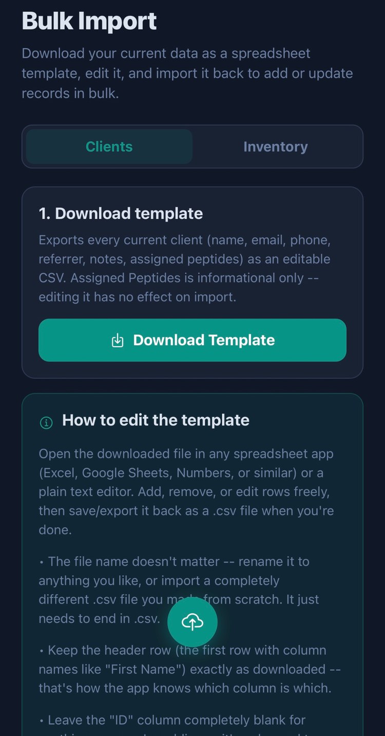 PeptideCRM bulk import screen with download template and instructions for editing the spreadsheet