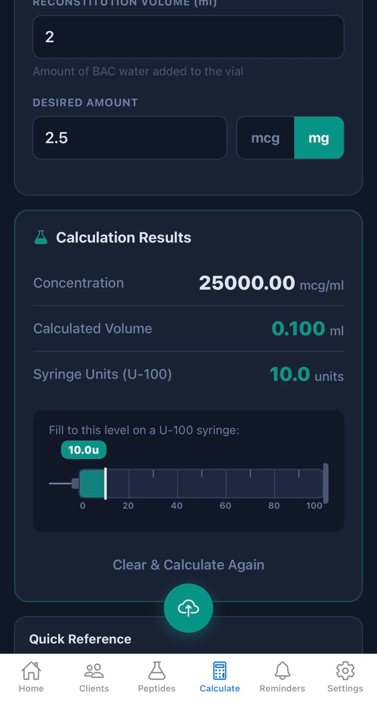 PeptideCRM calculate screen showing concentration, calculated volume, and syringe fill line