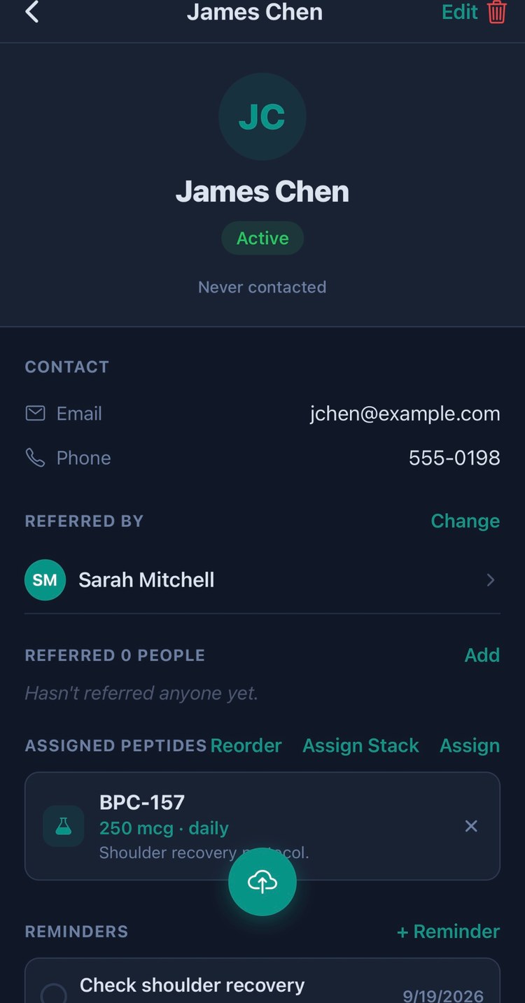 PeptideCRM client card showing contact info, referrals, and assigned peptides