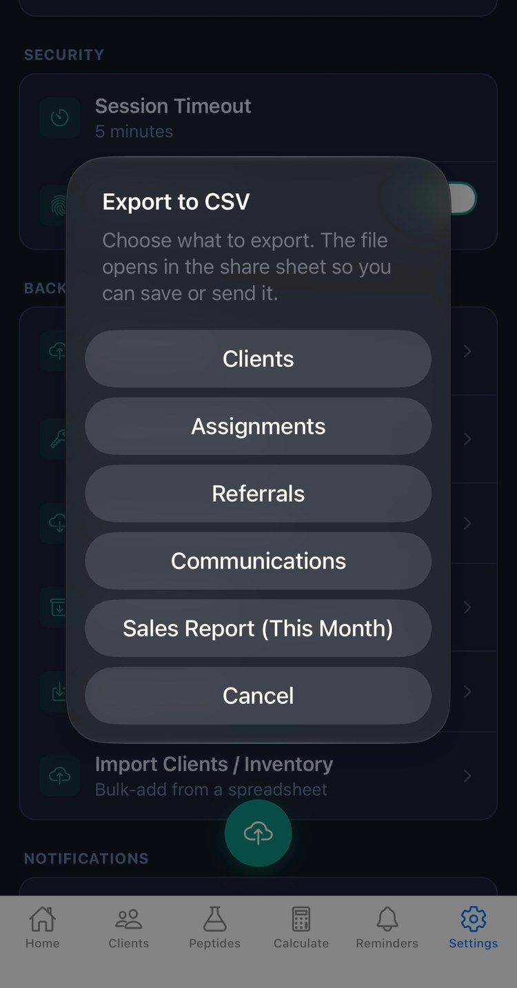 PeptideCRM export to CSV action sheet with clients, assignments, referrals, communications, and sales report options