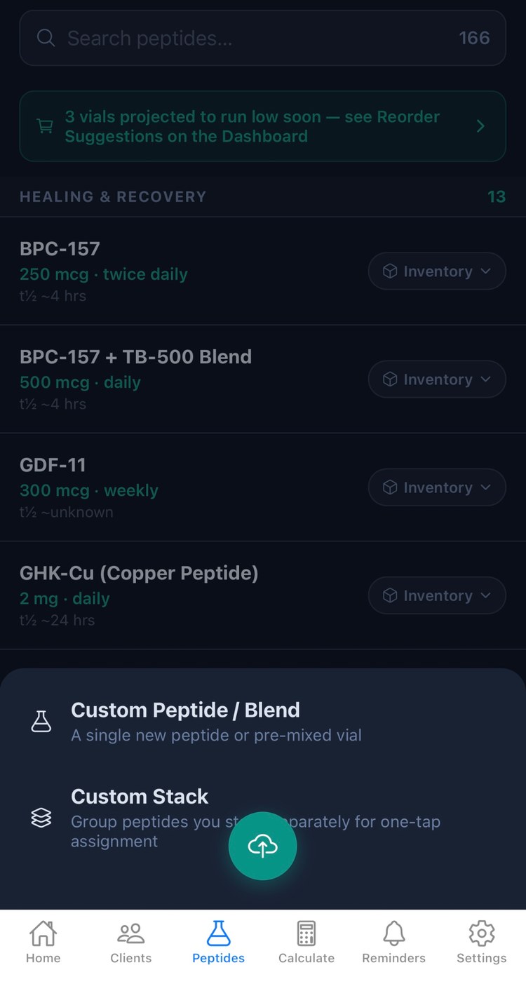 PeptideCRM peptide library list with search, low stock banner, and custom peptide and stack entry points